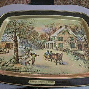 vintage currier&ives decorative metal serving tray great condition